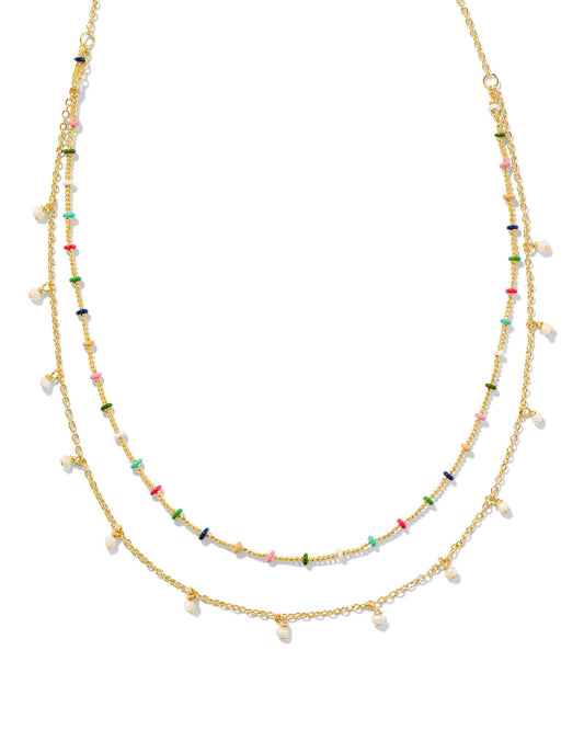 two strand gold necklace. one strand is lined with enamel multi colored beads, and the other has small pearl charms 