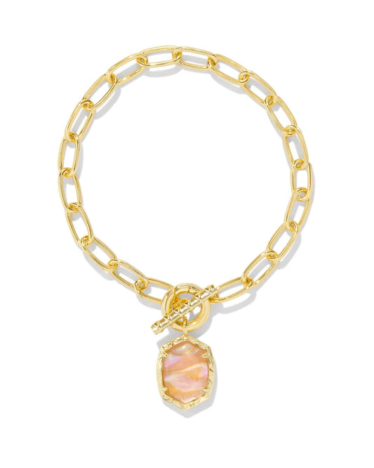 gold chain link bracelet with pink iridescent abalone stone 