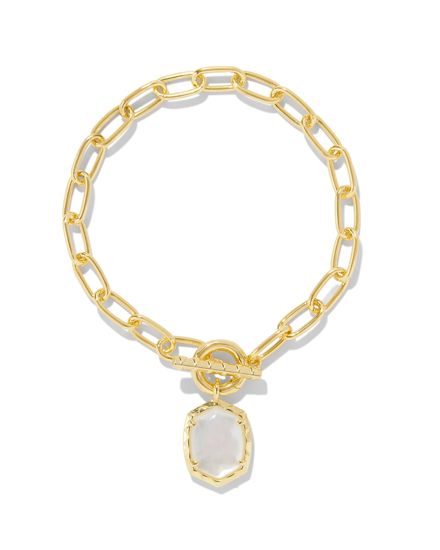gold chain link bracelet with white mother of pearl stone