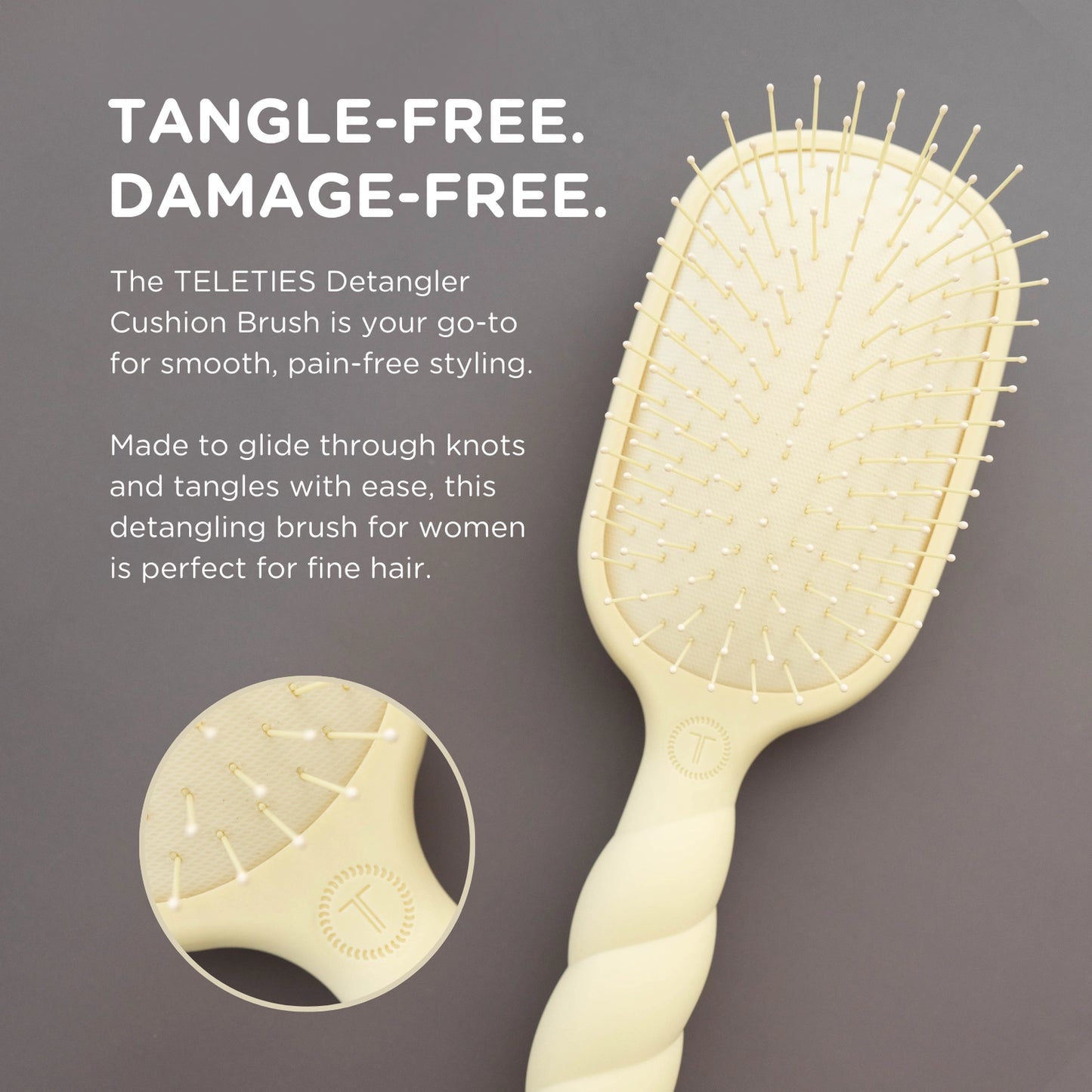 Oval hair brush, beige handle, gentle glide bristle, textured handle with gold trim, comfortable grip, for fine hair, tangle-free, damage-free. 
