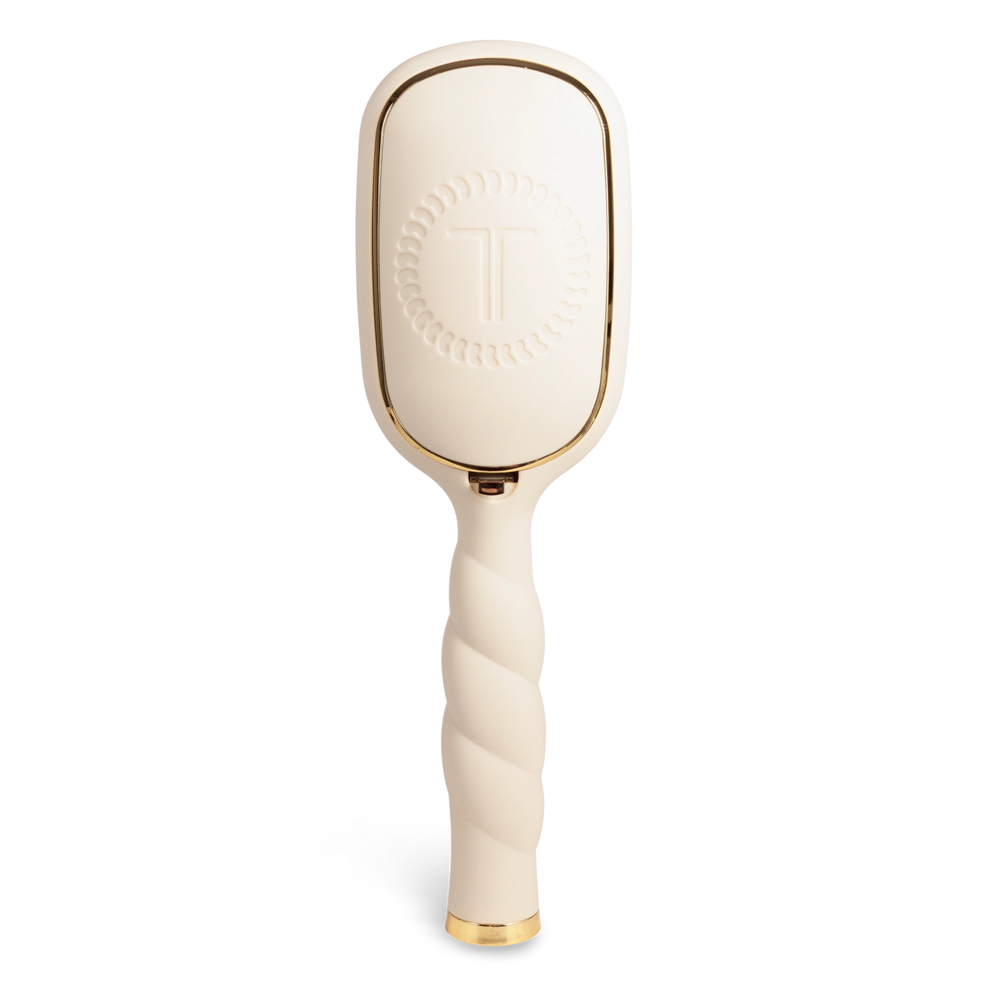 Oval hair brush, beige handle, gentle glide bristle, textured handle with gold trim, comfortable grip, for fine hair, shown from the back.