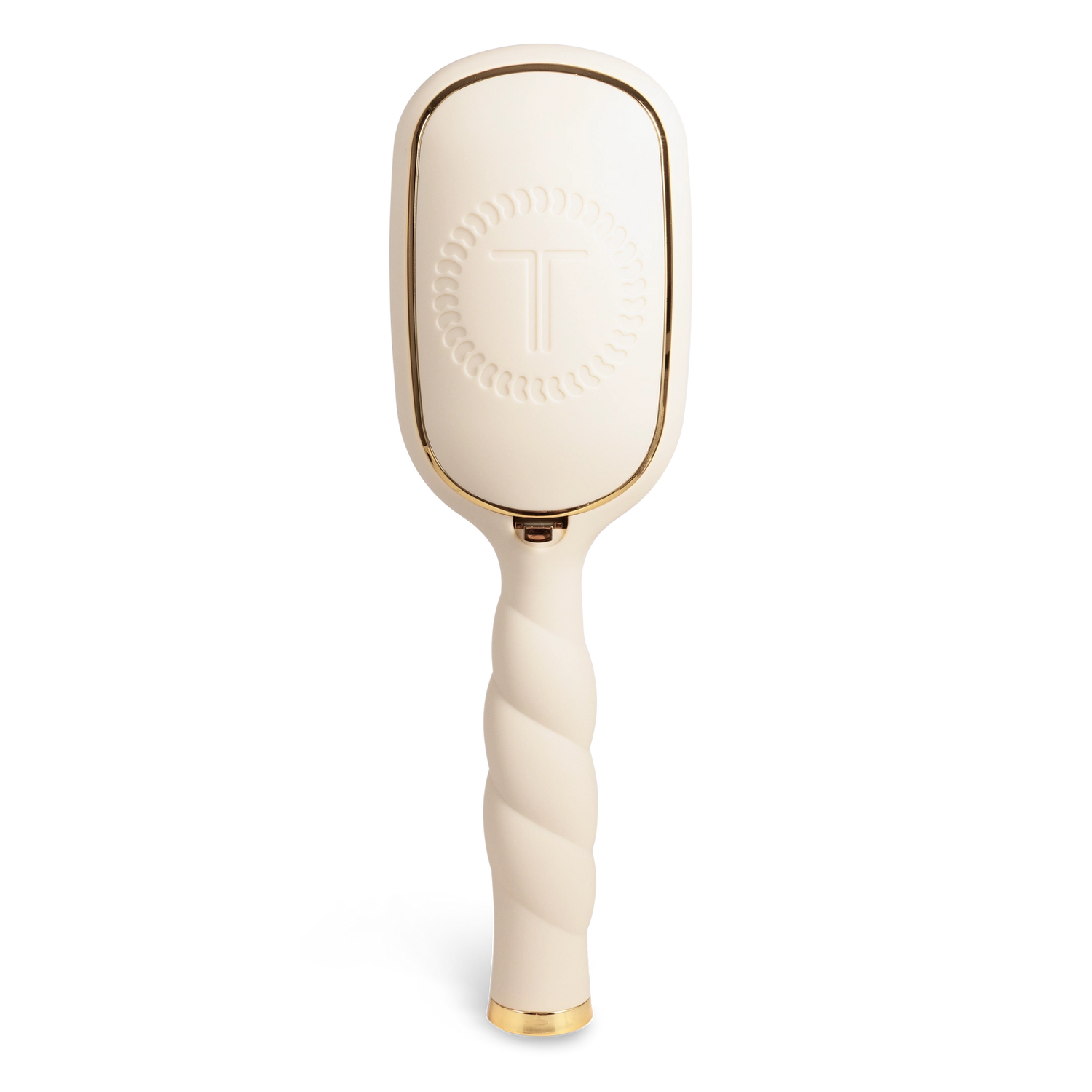 Oval hair brush, beige handle, gentle glide bristle, textured handle with gold trim, comfortable grip, for fine hair, shown from the back.