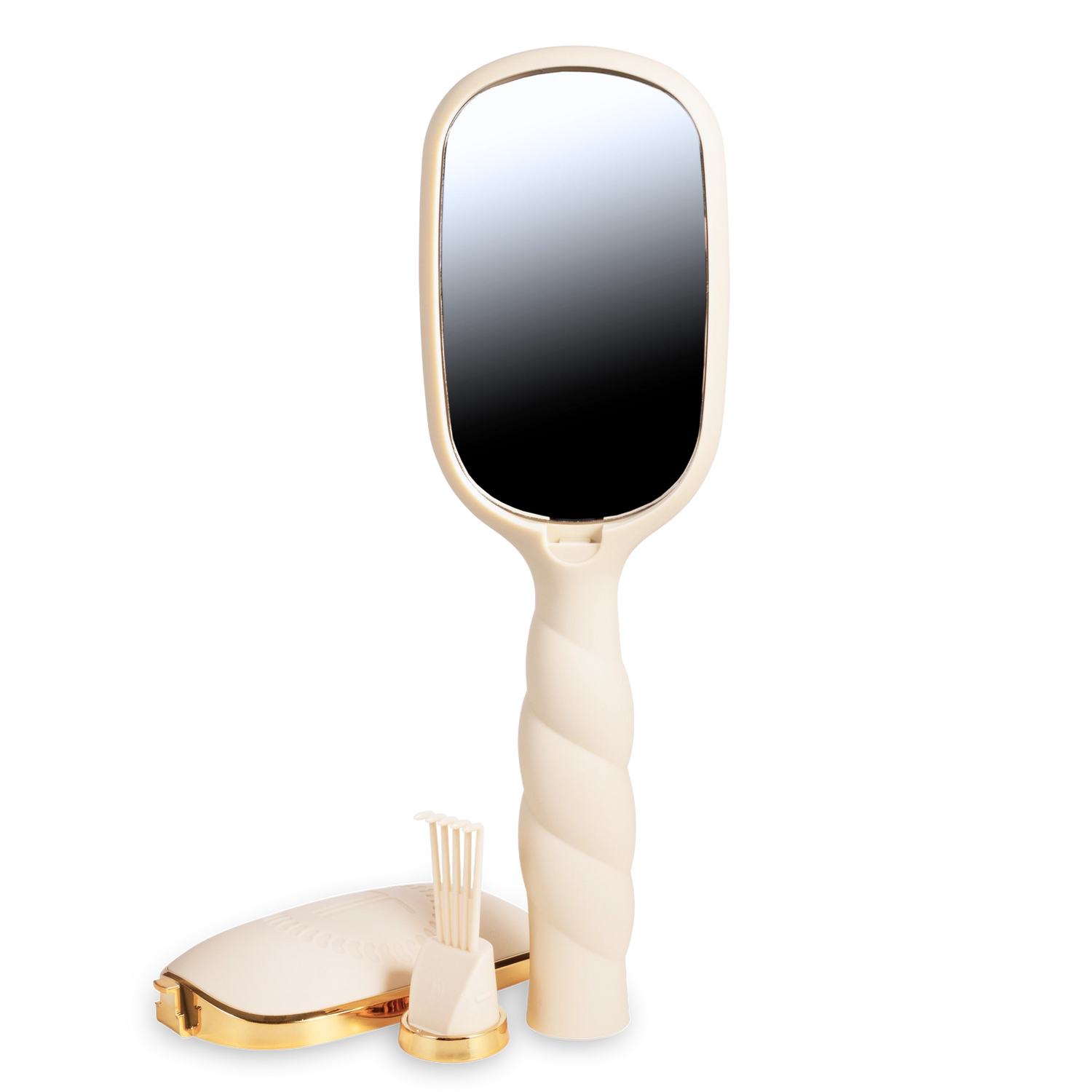 Oval hair brush, beige handle, gentle glide bristle, textured handle with gold trim, built-in mirror, removable cleaner. 