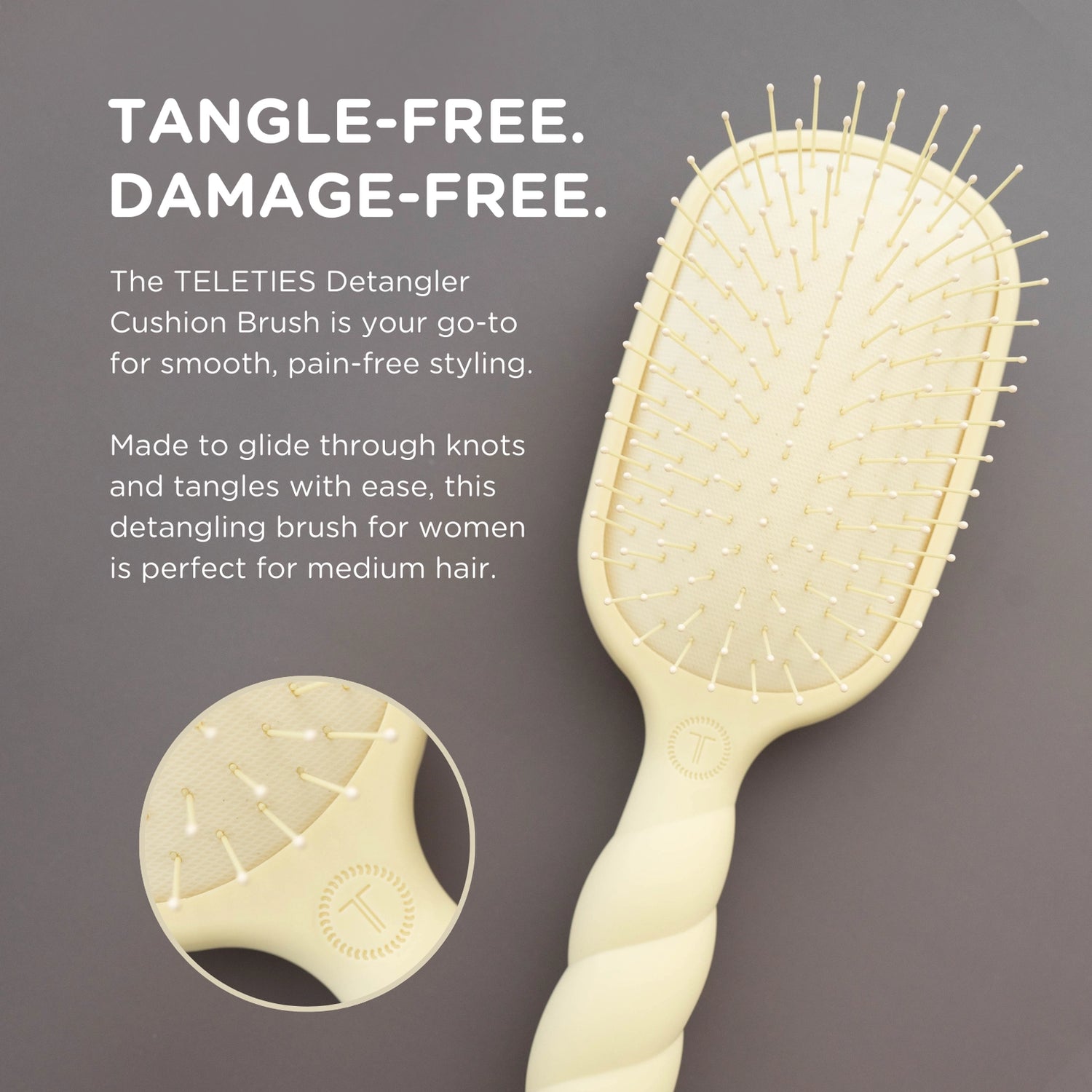 Oval hair brush, beige handle, gentle glide bristle, textured handle with gold trim, tangle-free, damage-free, for medium hair.