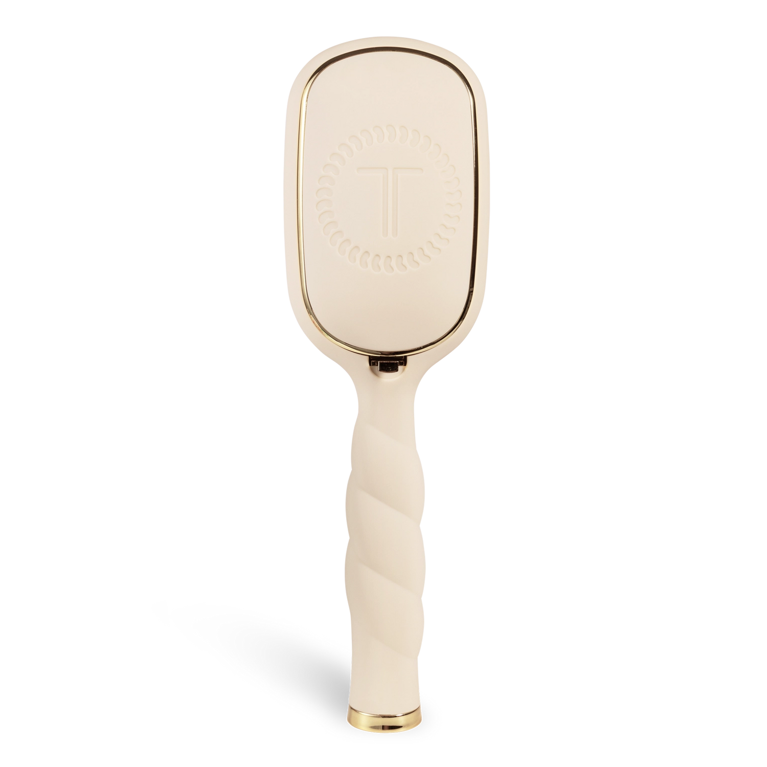 Oval hair brush, beige handle, gentle glide bristle, textured handle with gold trim shown from the back. 