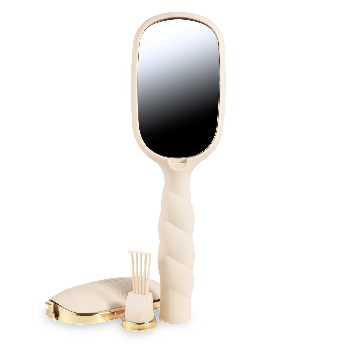 Oval hair brush, beige handle, textured handle with gold trim, built-in mirror, removable cleaner. 