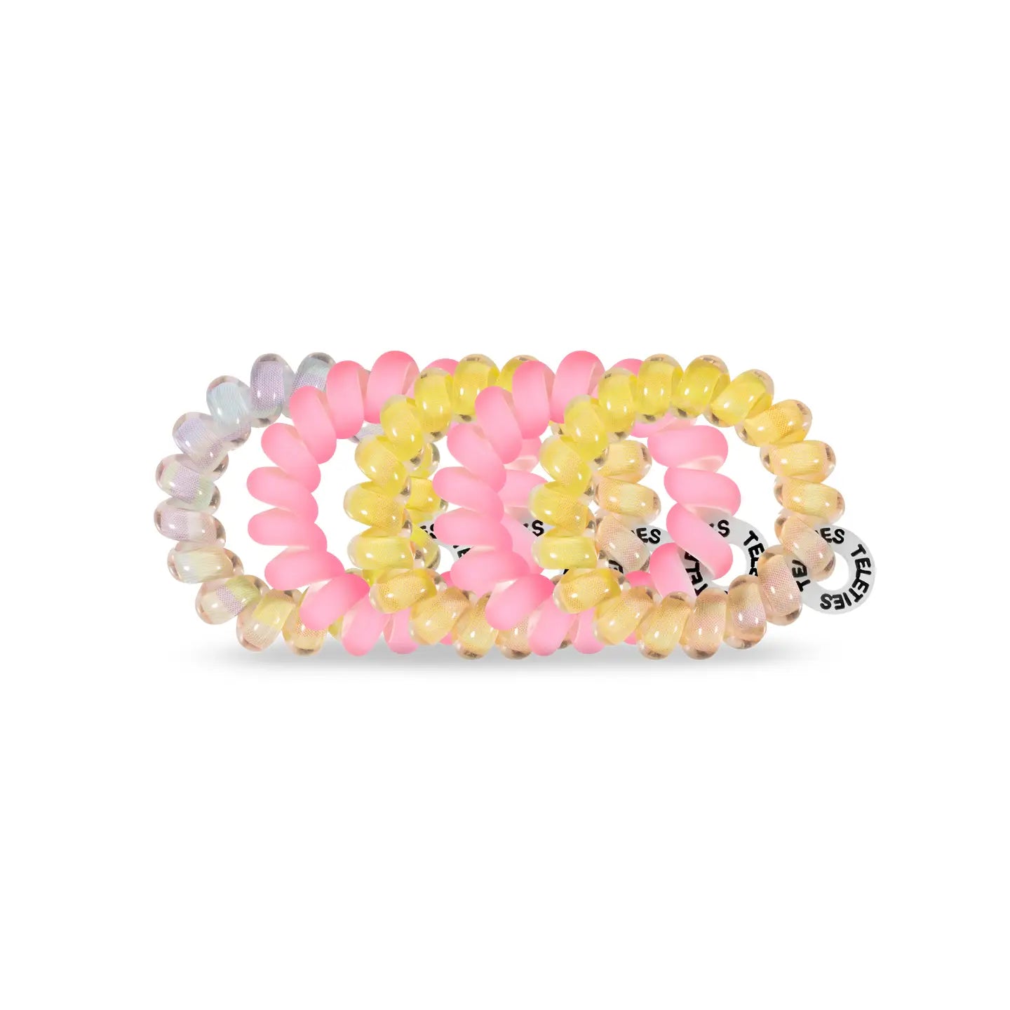 set of 5 tiny hair ties in the colors: pink, yellow, and a pastel mix