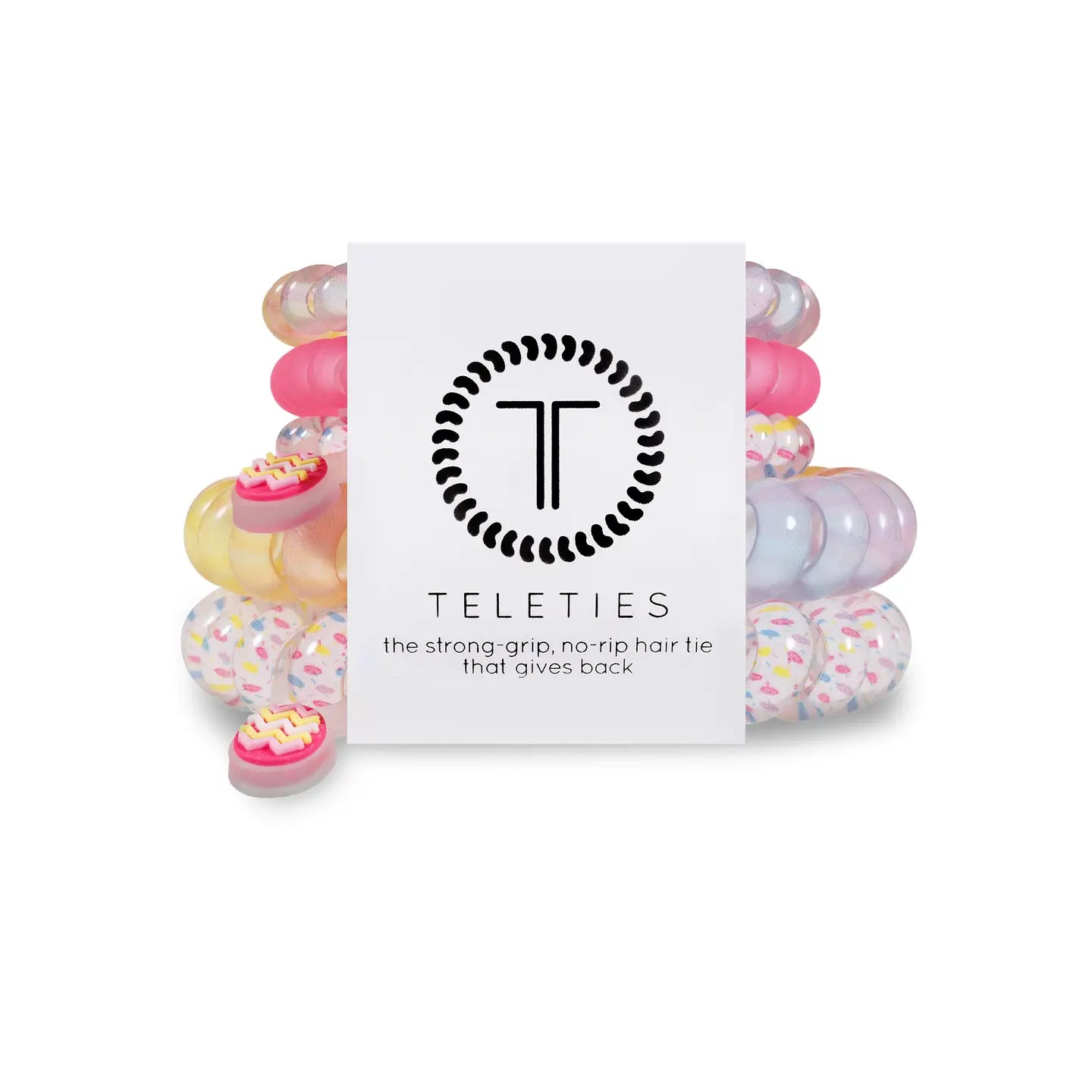 set of 5 teletie hair coils: one small matte pink, one small yellow pastel mixed , one small white with rainbow confetti, one large yellow mixed pastel, and one large white with rainbow confetti