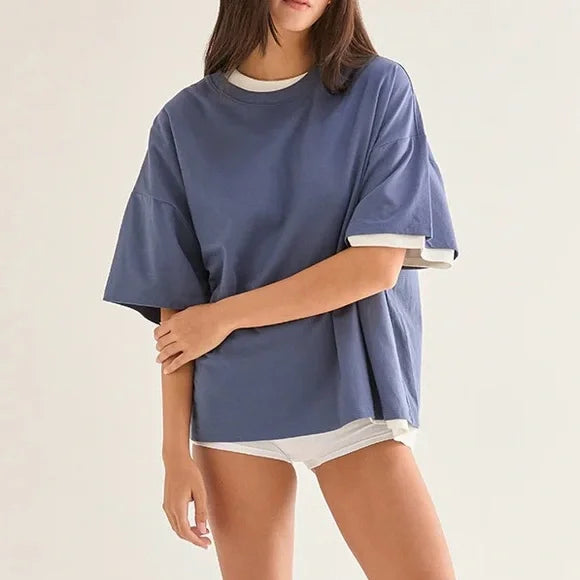 Allie Oversized Basic T-Shirt, Round Neckline, Short Sleeves, Full Length, Relaxed Fit, Colors: Navy
Model is Wearing an Additional White Shirt Underneath