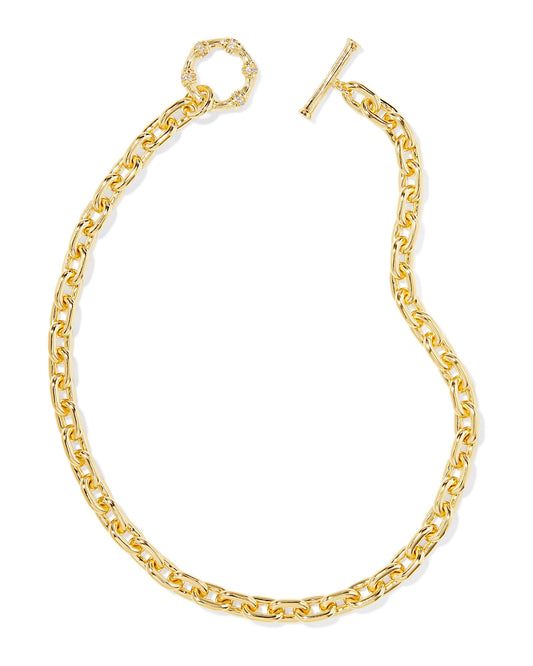 Wanting to switch up your necklace lineup? Look no further than the Maura Gold Chain Necklace in White Crystal. This bold chain features a front-facing toggle closure and crystal accents, adding interest to this already striking stacking staple.