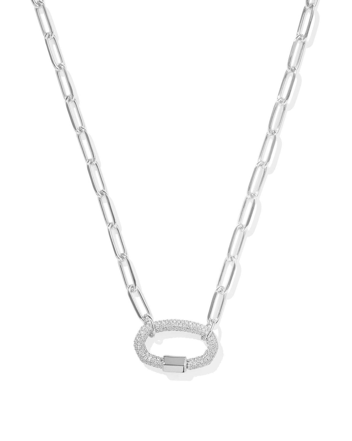 Rhodium link chain necklace, small clear stones create an oval pendant with gold bar at the bottom of the pendant