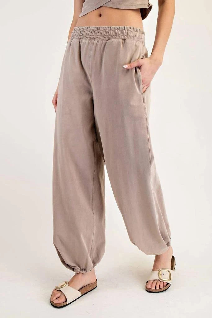 light brown washed joggers, cinched waist, mid rise