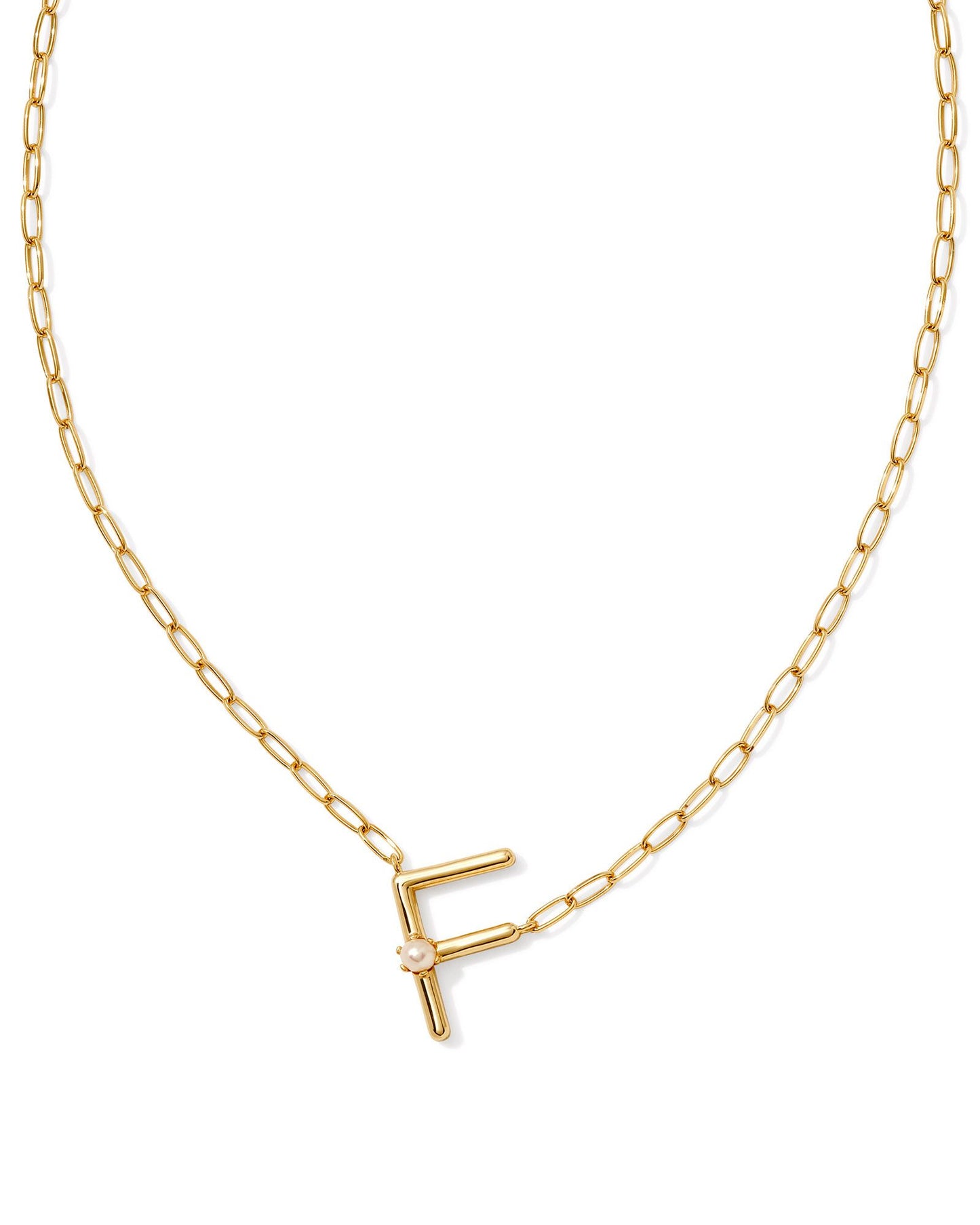 gold necklace with an initial pendant that has a singular pearl stud on it. initial F