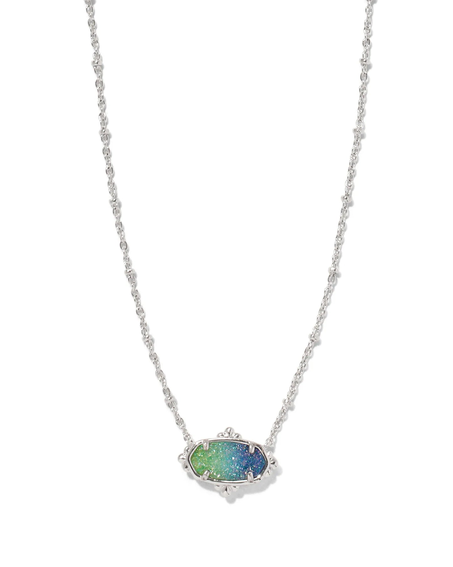 silver pendant necklace with a blue and green drusy ombre stone. 