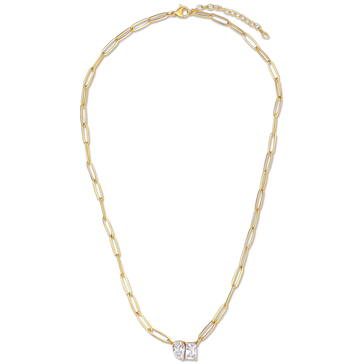 Gold Cecilia Toi Et Moi Necklace, Water Resistant, Lobster Clasp Closure, Two Clear Stone Pendants, Measurements: 17 in + 2 in. Extender, Stones: 9 mm x 12 mm. 