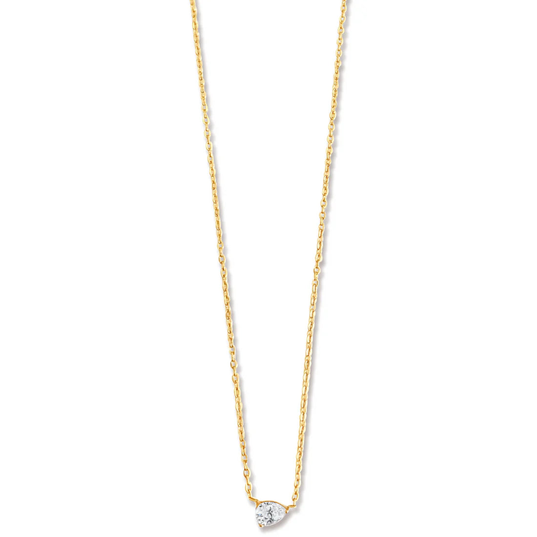 Gold Sideways Pearl Necklace, Clear Stone Pendant Water Resistant, Lobster Clasp Closure, Measurements: 15.5 in. + 2 in. Extender, Stone: 5 mm x 6 mm. 