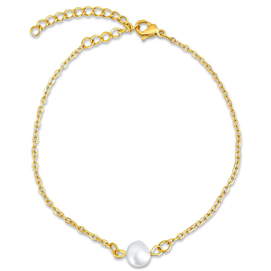 gold dainty chain bracelet with a pearl charm , size is 6.7 in. + 2 in. extender