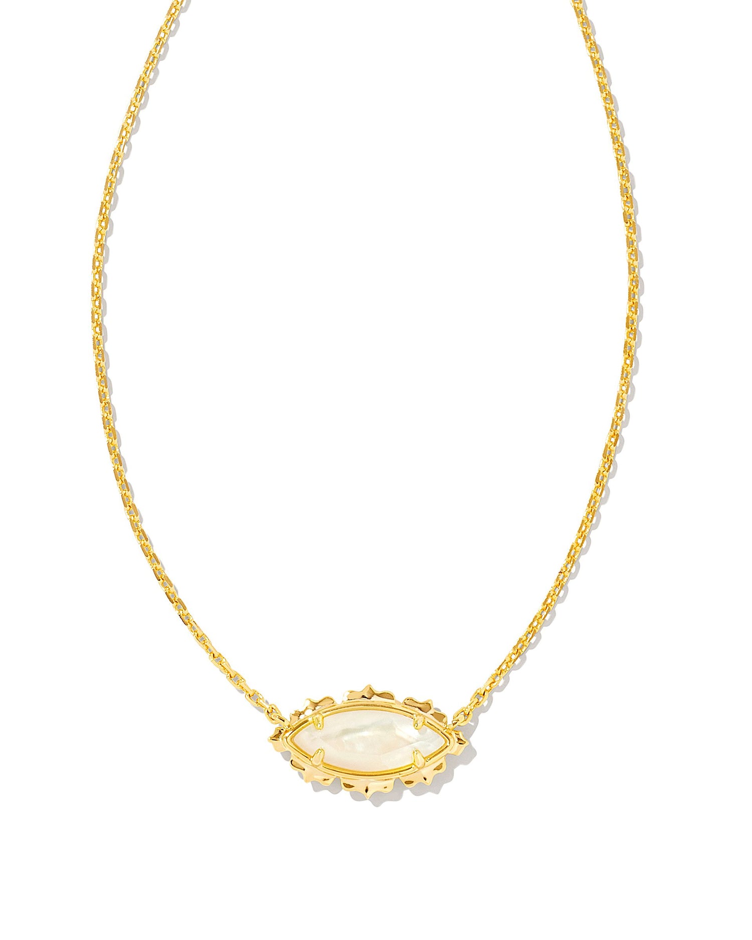 Timeless with a touch of sparkle, the Genevieve Gold Short Pendant Necklace is sure to be your newest everyday essential. Perfect as a standalone piece or an elegant addition to a layered look, this marquise-shaped pendant adds a bit of shine to any occasion.  Dimensions- 16' CHAIN WITH 3' EXTENDER, 0.34'Lx0.6"W PENDENT Metal- 14K Gold plated over brass Closure- Lobster clasp w/ single adjustable slider bead Mother of pearl color