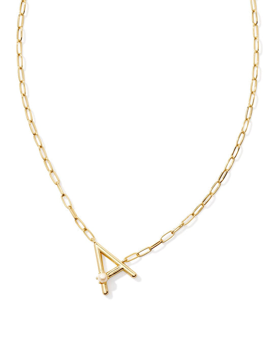 gold necklace with an initial pendant that has a singular pearl stud on it. initial A