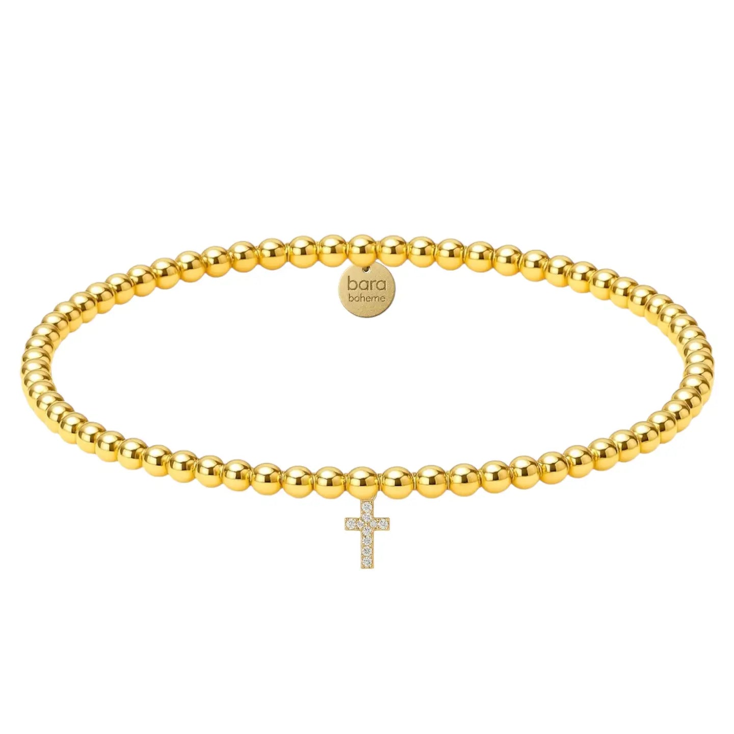 gold beaded bracelet with cross charm