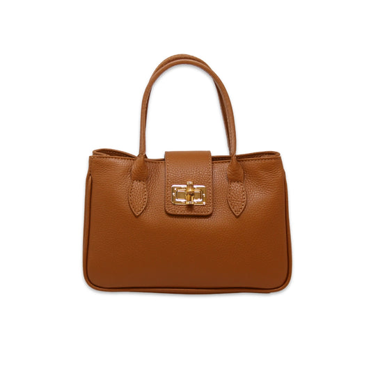 High quality camel leather purse displayed. Gold clasp with turning closure feature. 