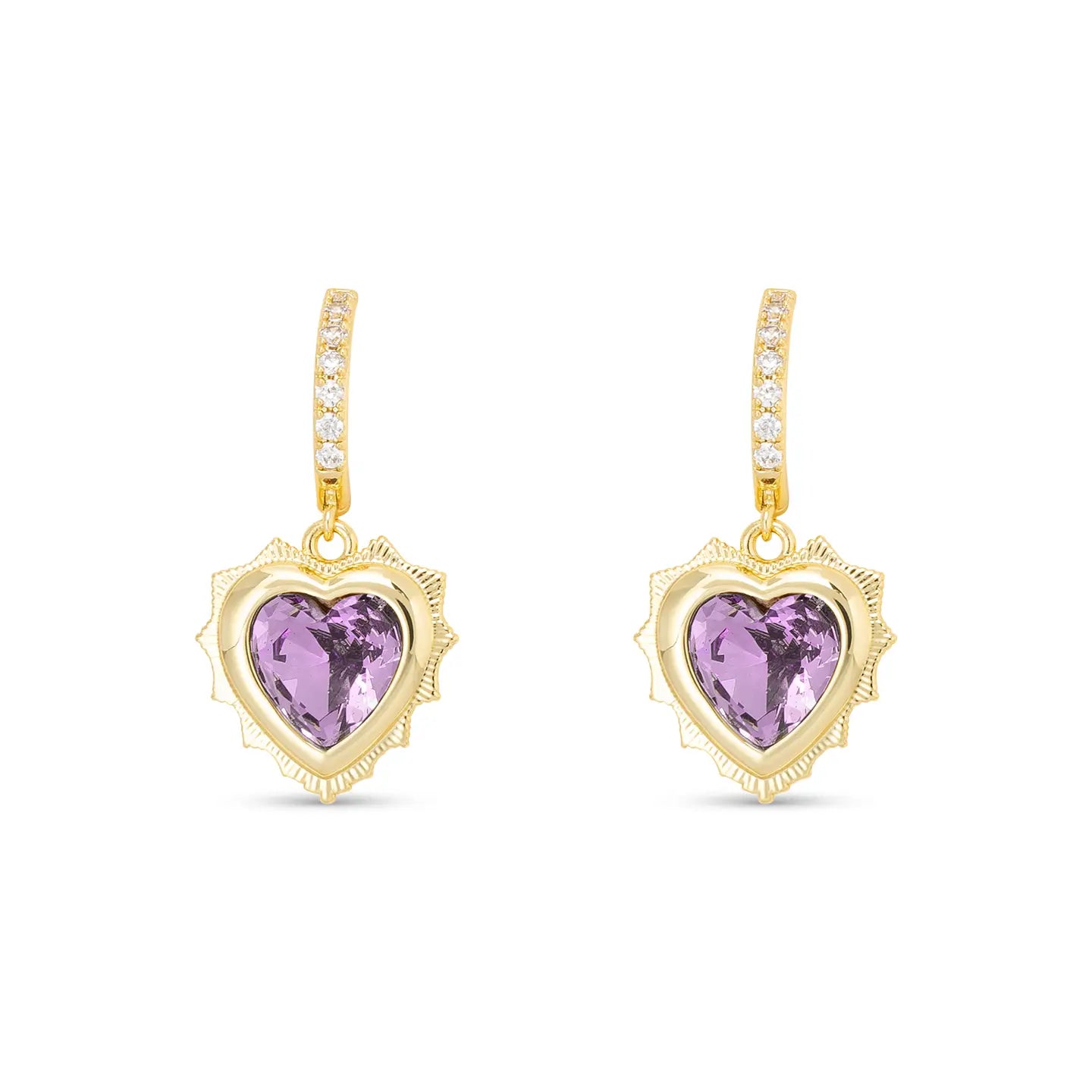 Gold Huggie Earrings with Gold Dangle Heart Pendant filled with Birthstone Crystal. 