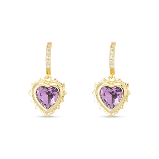 Gold Huggie Earrings with Gold Dangle Heart Pendant filled with Birthstone Crystal.