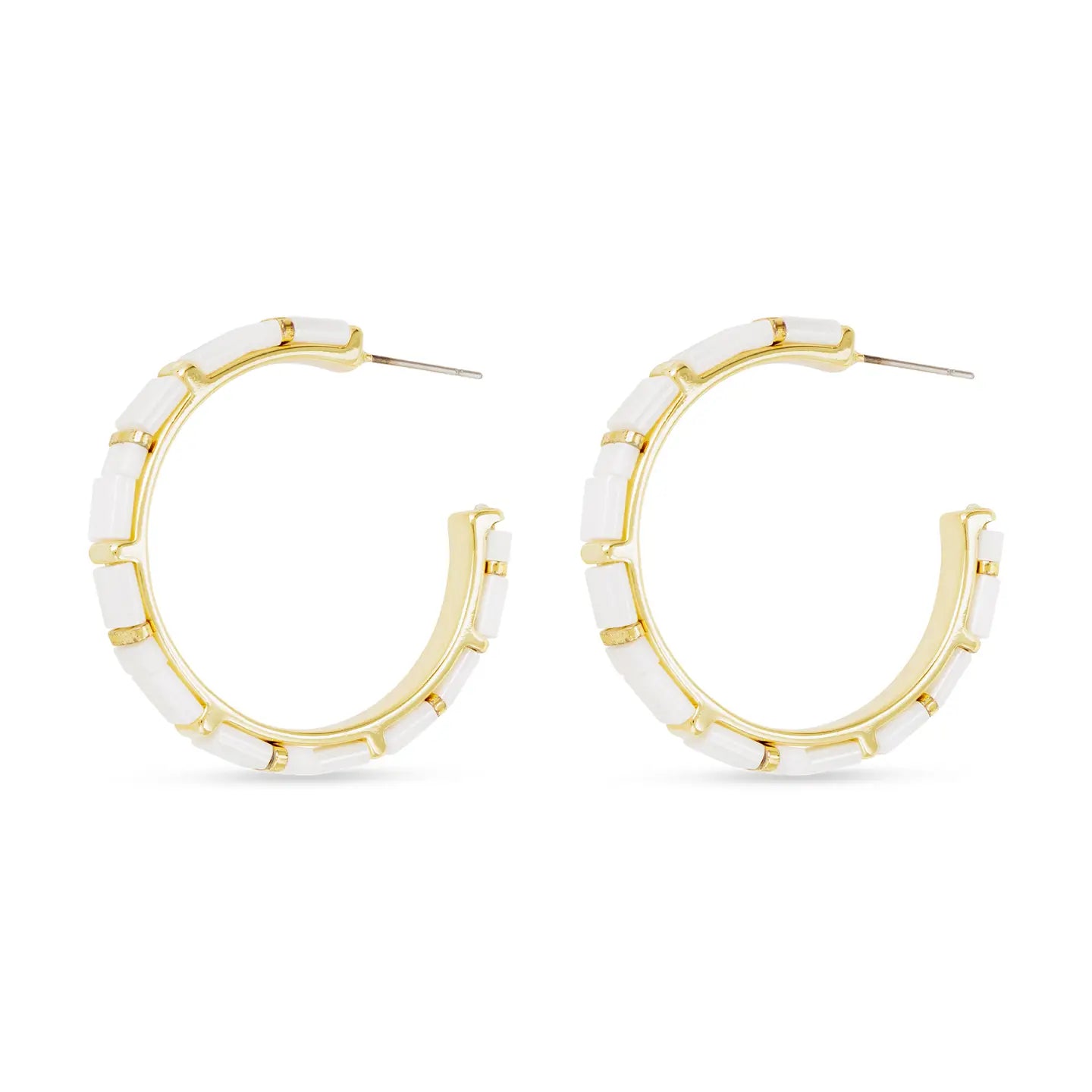 Pair of Half Hoop Gold Earrings with White Flat Bead Design. 