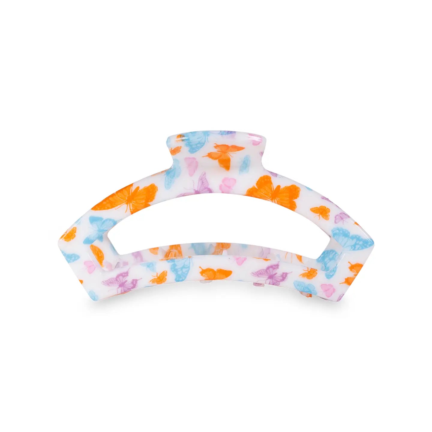 white medium open hair clip with orange pink blue and purple butterflies