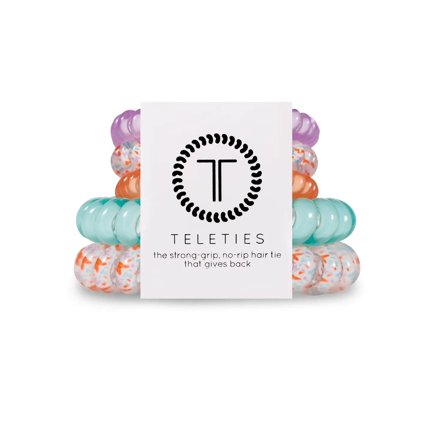 set of 5 teletie hair coils: one small purple, one small white one with butterflies, one small orange, one large turquoise, and one large white with butterflies
