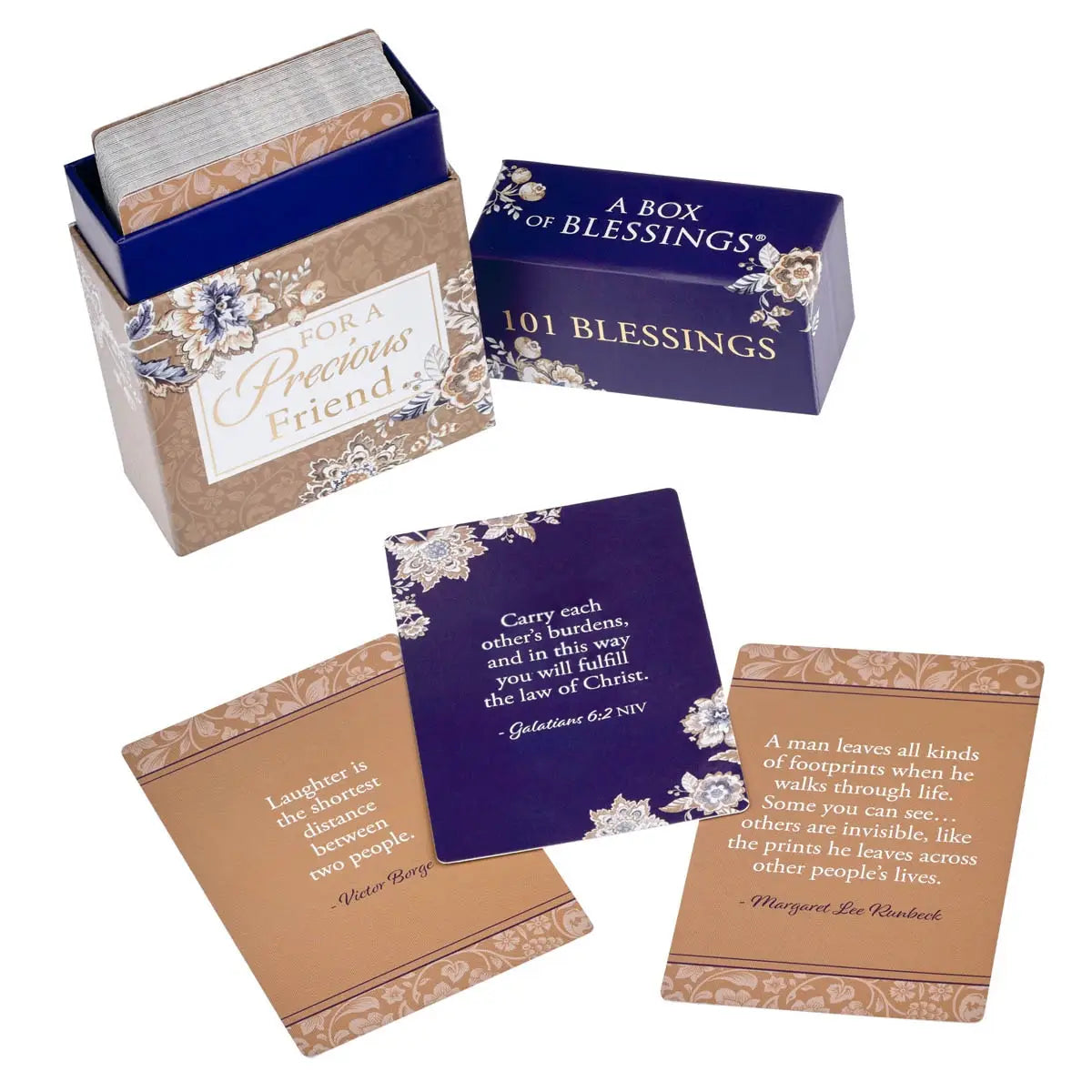 Honey-brown and navy floral design, Honey-brown lettering, Trust Honey-brown and Navy Floral Collection, Artwork by Stephanie Ryan, 51 double-sided cards, Full-color cards, Each box shrink-wrapped,