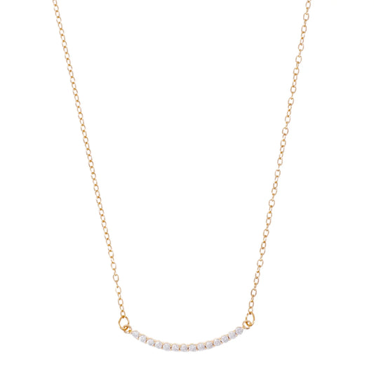 curved bar pendant gold necklace, bar is studded with cubic zirconia 
