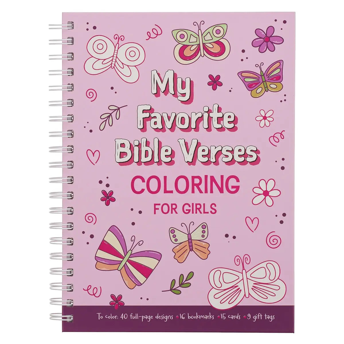 The My Favorite Bible Verses Pink Wirebound Coloring Book for Girls offers a world of color and creativity for girls aged 8-12. Pink cover with fluttering butterflies, White painted title, Pink foiled subtitle, Hardcover,Silver wire binding, Printed on high-quality heavy stock paper, 104 pages, Perforated pages, 40 full-page designs, 10 pages with books, cards, and gift tags, Pages printed on one side Presentation page for gift-giving, Images based on Scripts