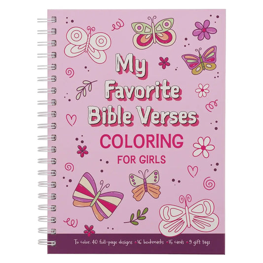 The My Favorite Bible Verses Pink Wirebound Coloring Book for Girls offers a world of color and creativity for girls aged 8-12. Pink cover with fluttering butterflies, White painted title, Pink foiled subtitle, Hardcover,Silver wire binding, Printed on high-quality heavy stock paper, 104 pages, Perforated pages, 40 full-page designs, 10 pages with books, cards, and gift tags, Pages printed on one side Presentation page for gift-giving, Images based on Scripts