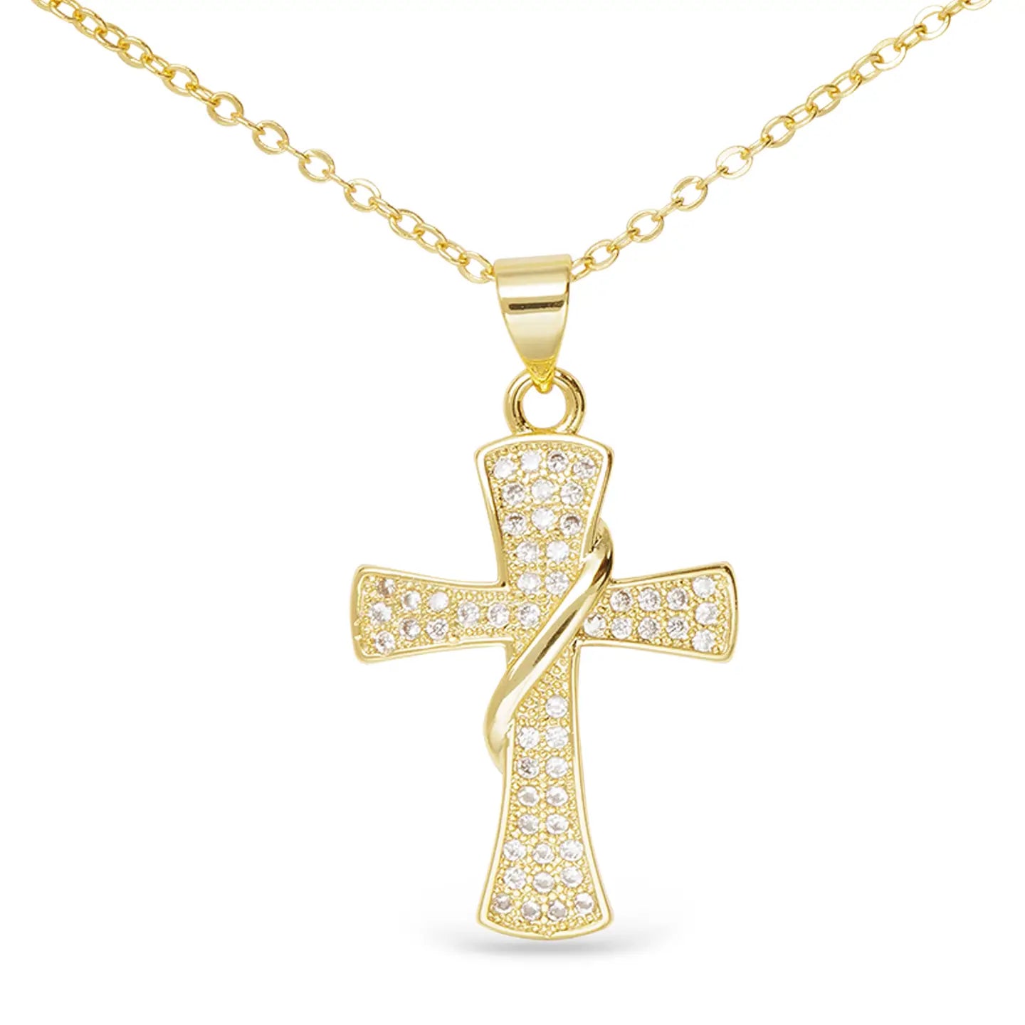 Gold Cross Necklace with Small Cubic Zirconia Embedded in it.
