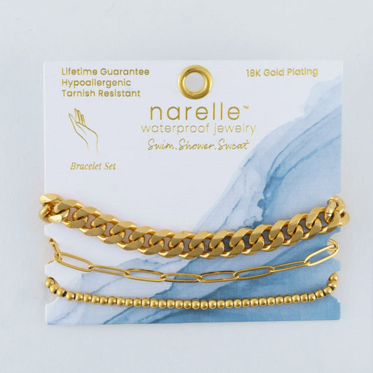  Curb Chain Bracelet Set offers three pairs of gold bracelets in Curb Chunky, Paper Clip, and CCB Chain designs. 