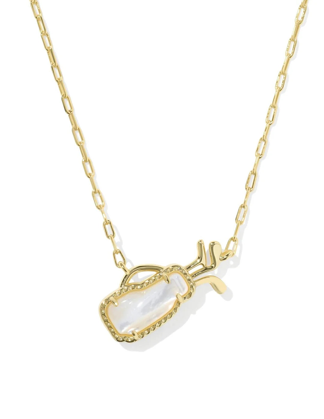 Gold necklace with a golf bag pendant that holds a mother-of-pearl stone. 