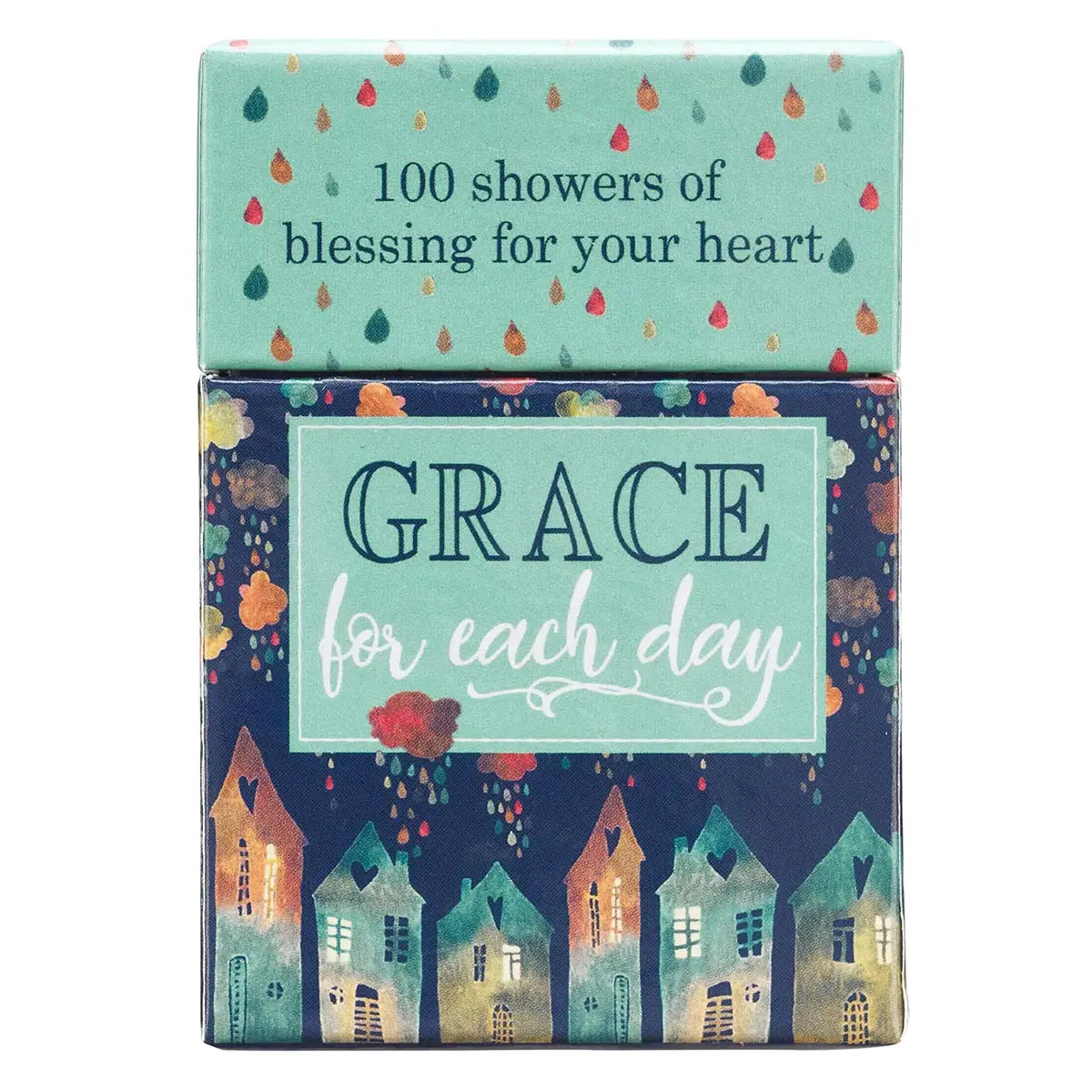 Full-color box with a watercolor raindrop design, 50 double-sided cards, Scripture verse on the front, Lined space on the back to write a note, Full-color print on the box, Full-color print on cards, Sturdy box with lid, Each box shrink-wrapped