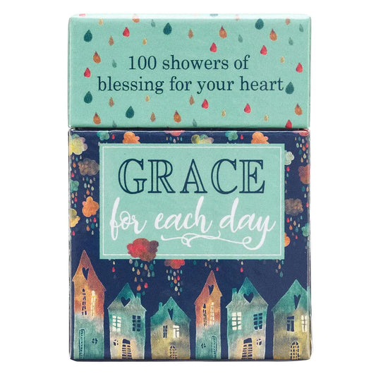 Full-color box with a watercolor raindrop design, 50 double-sided cards, Scripture verse on the front, Lined space on the back to write a note, Full-color print on the box, Full-color print on cards, Sturdy box with lid, Each box shrink-wrapped