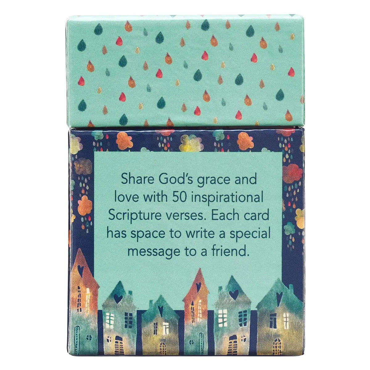 Full-color box with a watercolor raindrop design, 50 double-sided cards, Scripture verse on the front, Lined space on the back to write a note, Full-color print on the box, Full-color print on cards, Sturdy box with lid, Each box shrink-wrapped