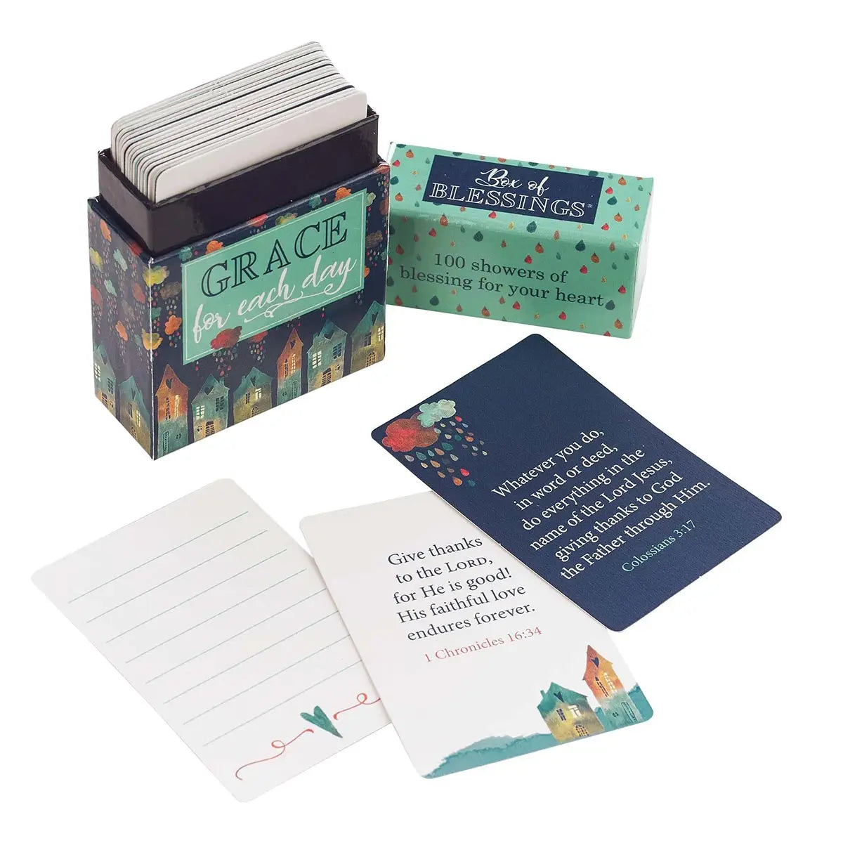Full-color box with a watercolor raindrop design, 50 double-sided cards, Scripture verse on the front, Lined space on the back to write a note, Full-color print on the box, Full-color print on cards, Sturdy box with lid, Each box shrink-wrapped