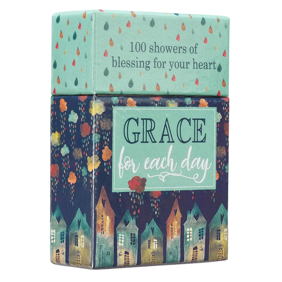 Full-color box with a watercolor raindrop design, 50 double-sided cards, Scripture verse on the front, Lined space on the back to write a note, Full-color print on the box, Full-color print on cards, Sturdy box with lid, Each box shrink-wrapped