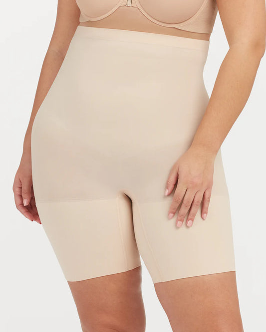 Black spanx power shorts mid-thigh length, Super high rise.