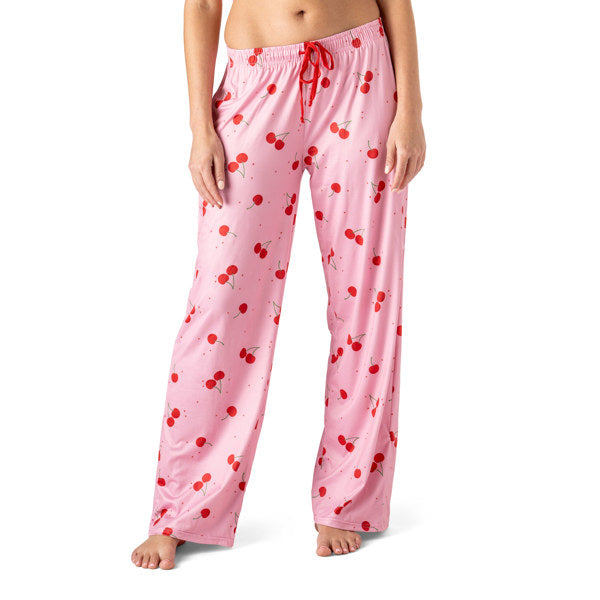 Hello Mello Pants, Relaxed Wide Leg Fit, Full Length, Elastic Waistband With Drawstring Tie, Subtle Piping Detail, Cherry On Top Design