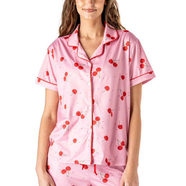 Hello Mello Stargazer Top, V-Neck, Button Down, Relaxed Fit with Piping Detail, Cherry on Top Design