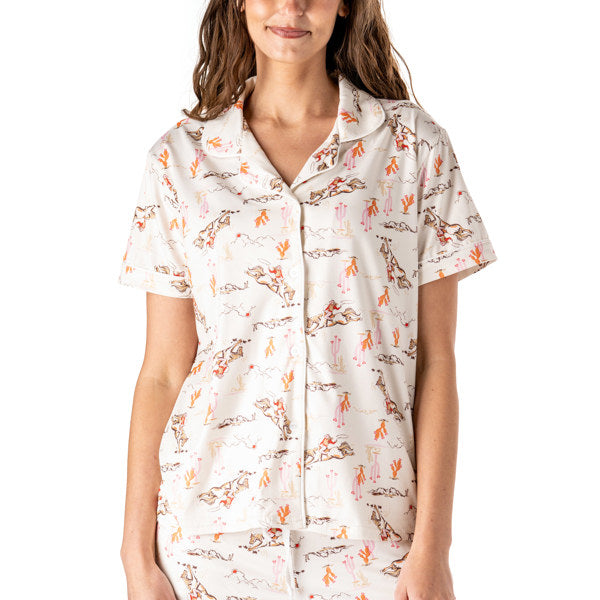 Hello Mello Stargazer Top, V-Neck, Button Down, Relaxed Fit with Piping Detail, Hold Your Horses Design
