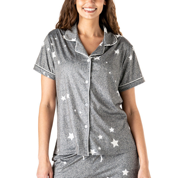 Hello Mello Stargazer Top, V-Neck, Button Down, Relaxed Fit with Piping Detail, Stargazer Design
