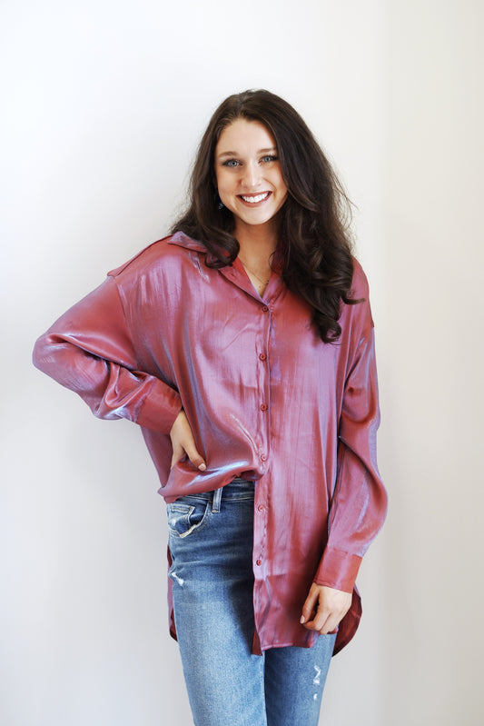 Glistening Gloria Button Down Tunic Dress Collared Neckline Button Down Detail Knee Length Long Cuffed Sleeves Colors:  Fire Relaxed Fit 70% Polyester, 30% Rayon
