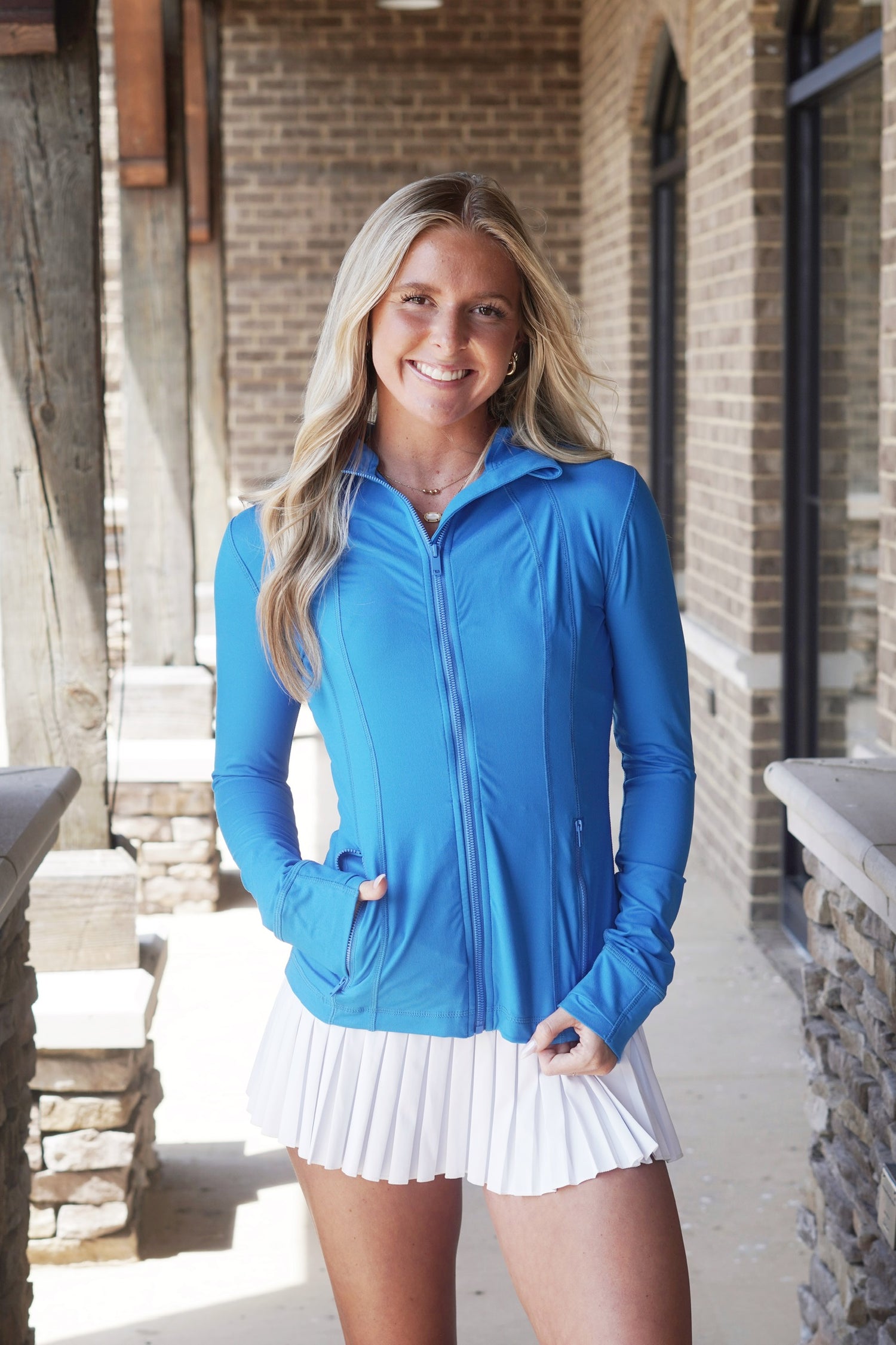 Fast Track Fitted Athletic Jacket Zip Up Closure Zip Up Pockets Long Sleeves Full Length Fitted 84% Poly Microfiber, 16% Spandex sonic blue  color