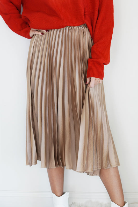 Perry Pleated Satin Midi Skirt Midi Length Elastic Waistband Pleated Style Relaxed Fit 97% Polyester, 3% Spandex